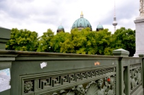 view from Schlossbrücke (Palace Bridge) wrought iron balustrade decorated with sea creatures